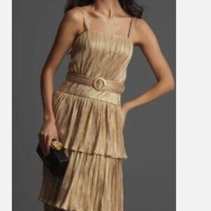 Mac Duggal Gold Metallic Pleated Ruffle Tiered Midi Dress Belted Size 6 MSRP 398